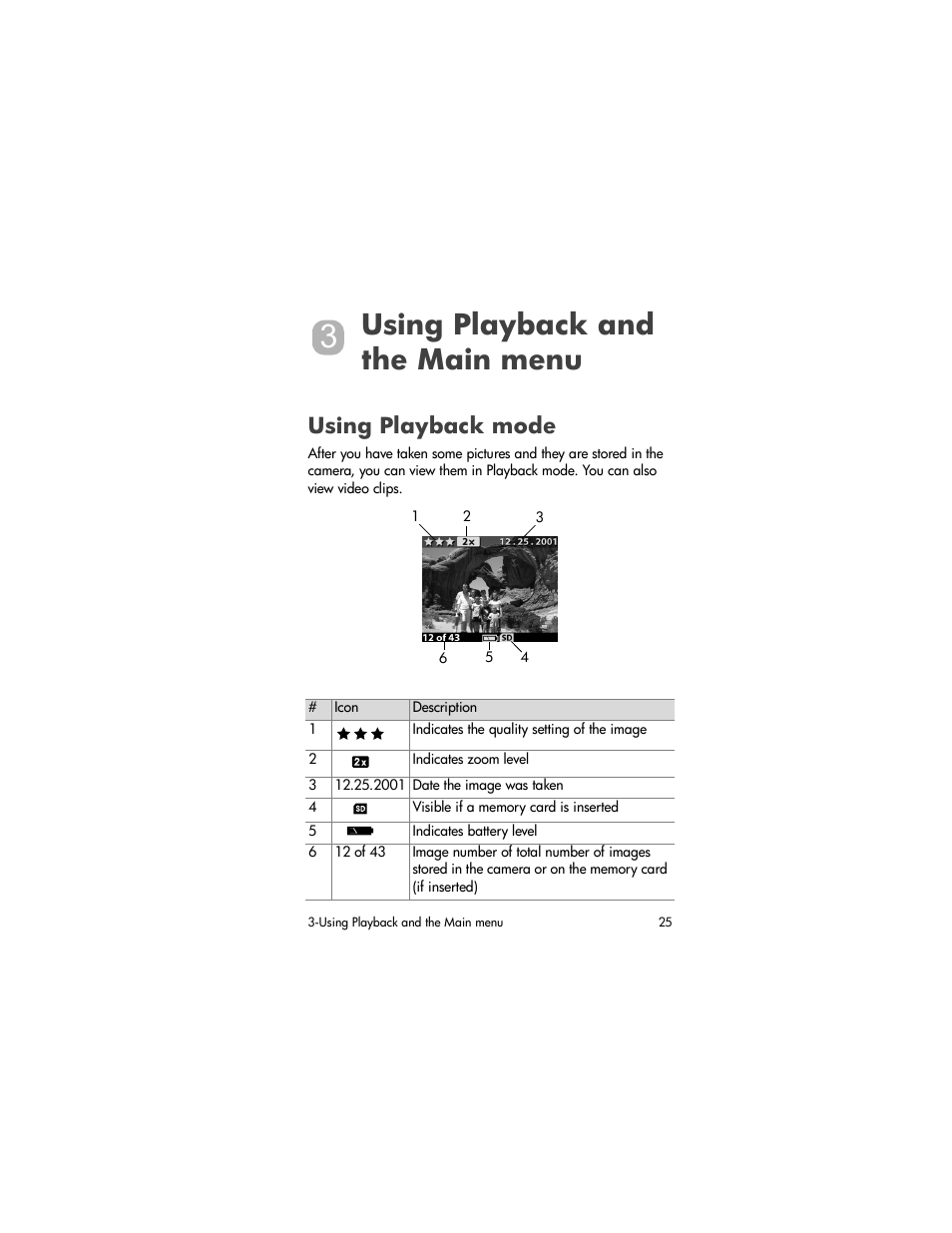 Using playback and the main menu, Using playback mode | HP Photosmart 620 Series User Manual | Page 27 / 80