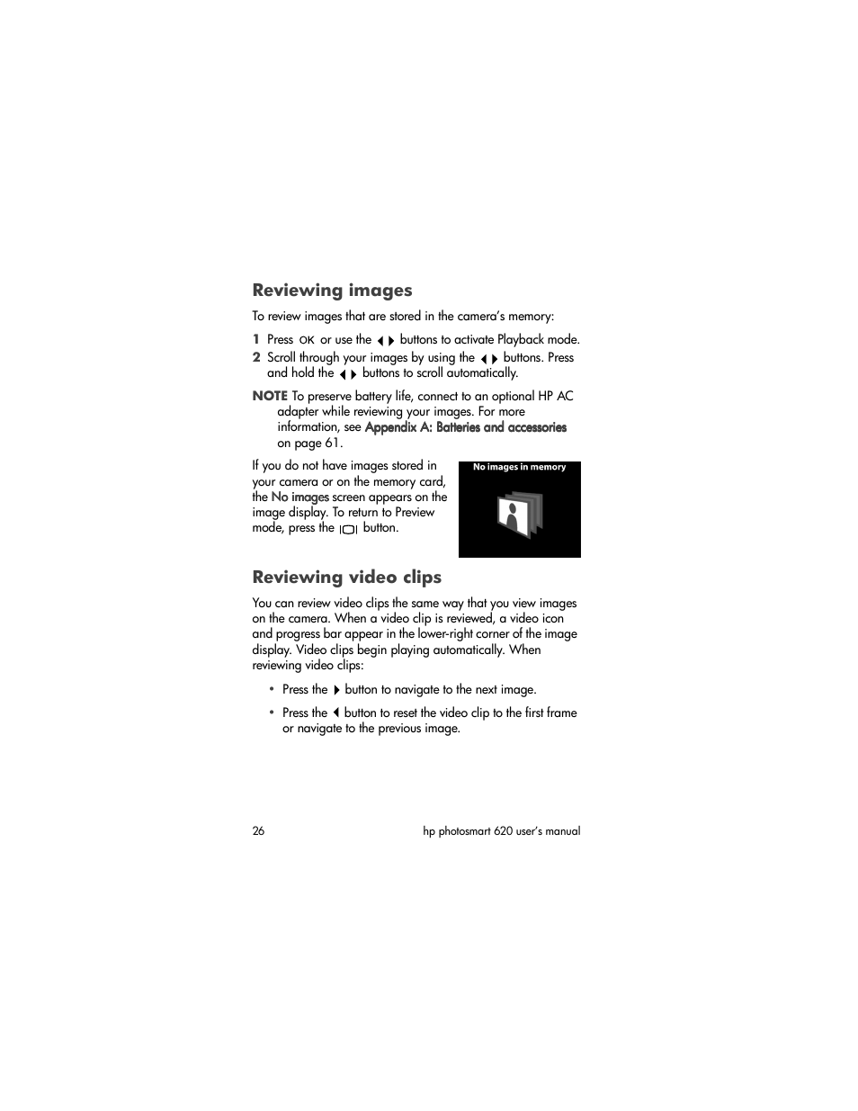 Reviewing images, Reviewing video clips | HP Photosmart 620 Series User Manual | Page 28 / 80