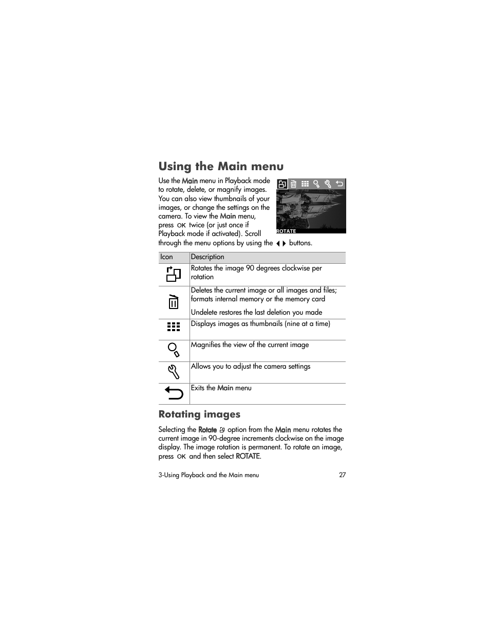 Using the main menu, Rotating images | HP Photosmart 620 Series User Manual | Page 29 / 80