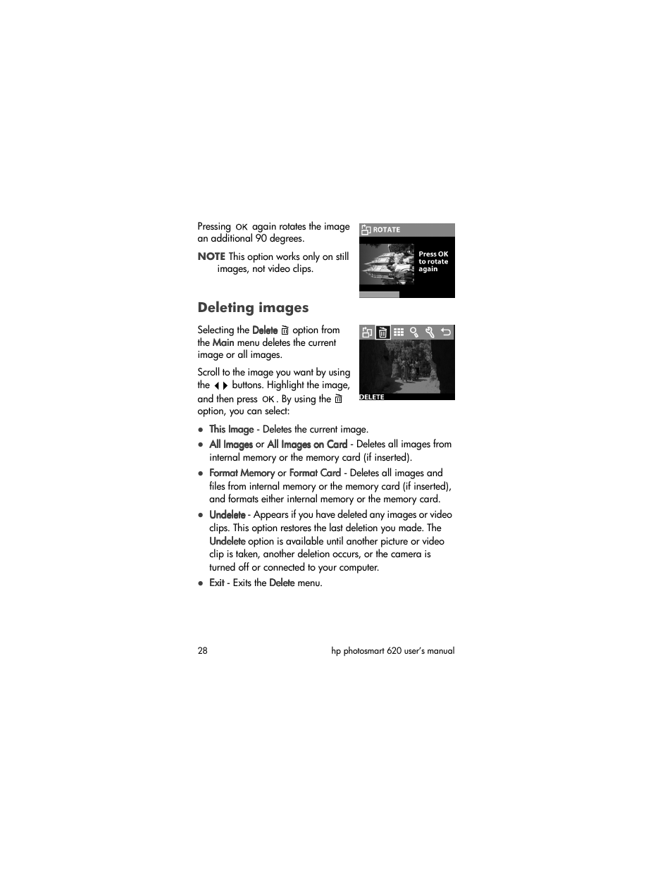 Deleting images | HP Photosmart 620 Series User Manual | Page 30 / 80