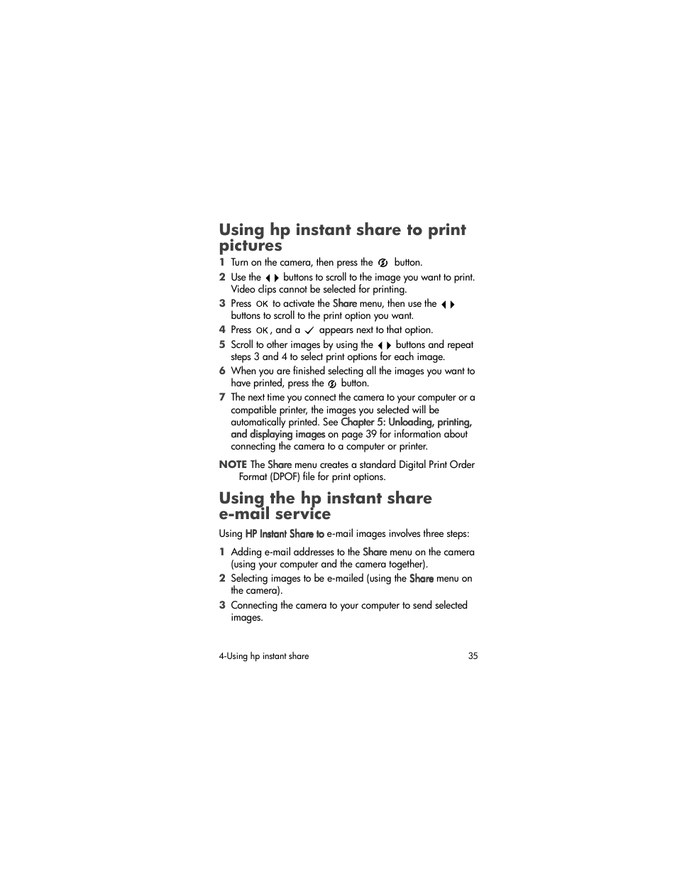 Using hp instant share to print pictures, Using the hp instant share e-mail service | HP Photosmart 620 Series User Manual | Page 37 / 80