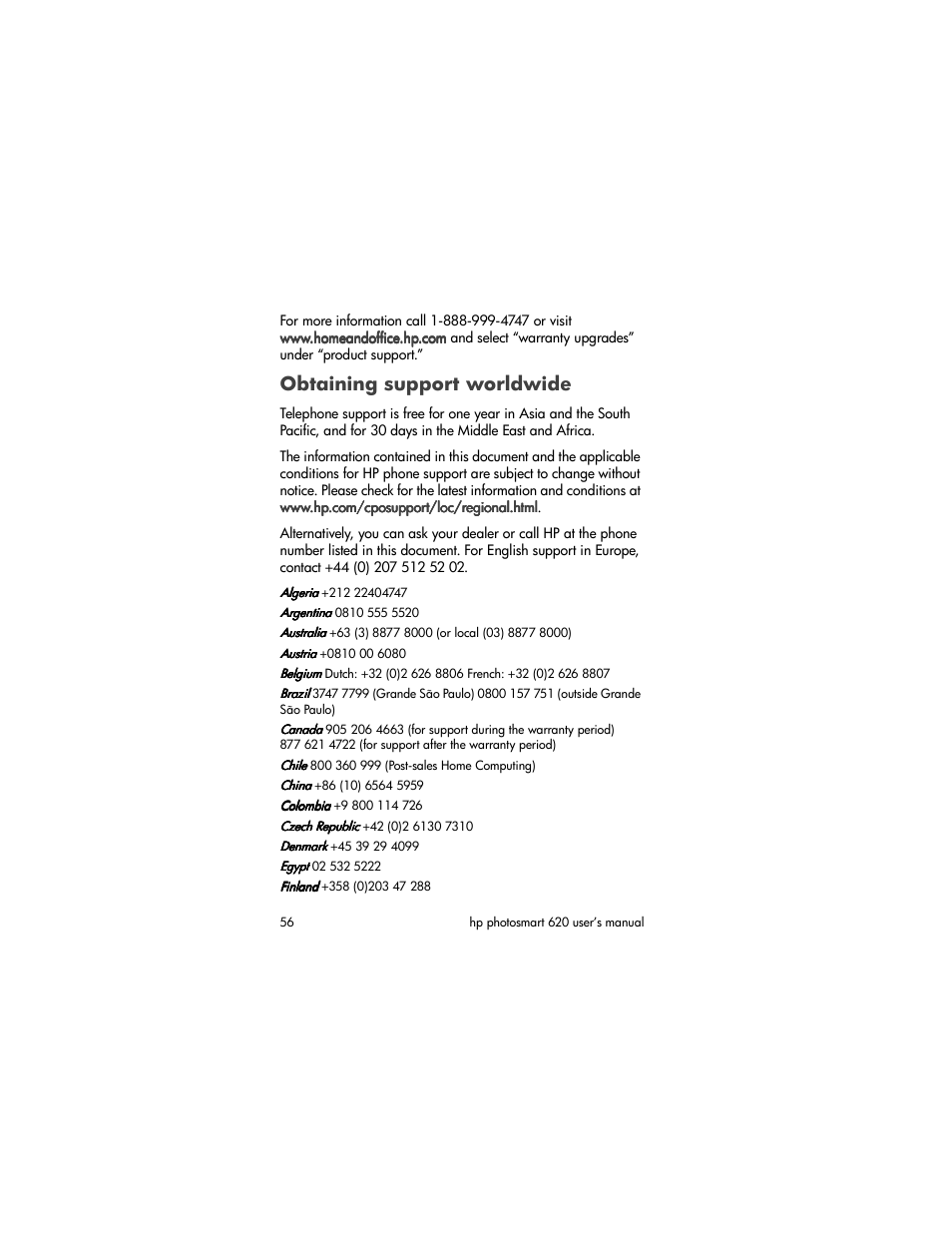 Obtaining support worldwide | HP Photosmart 620 Series User Manual | Page 58 / 80