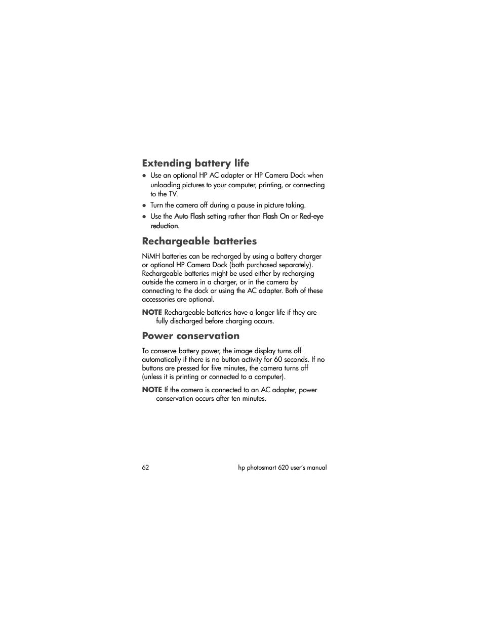 Extending battery life, Rechargeable batteries, Power conservation | HP Photosmart 620 Series User Manual | Page 64 / 80