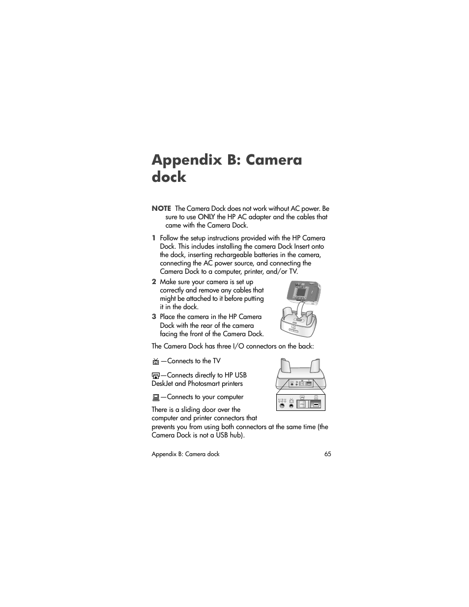 Appendix b: camera dock | HP Photosmart 620 Series User Manual | Page 67 / 80