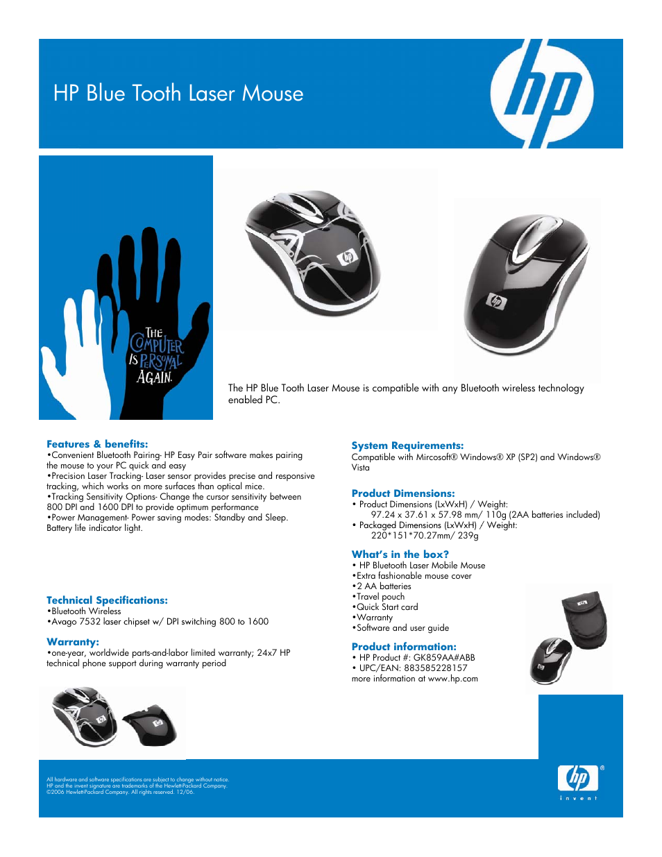 HP BLUE TOOTH LASER MOUSE GK859AA#ABB User Manual | 1 page