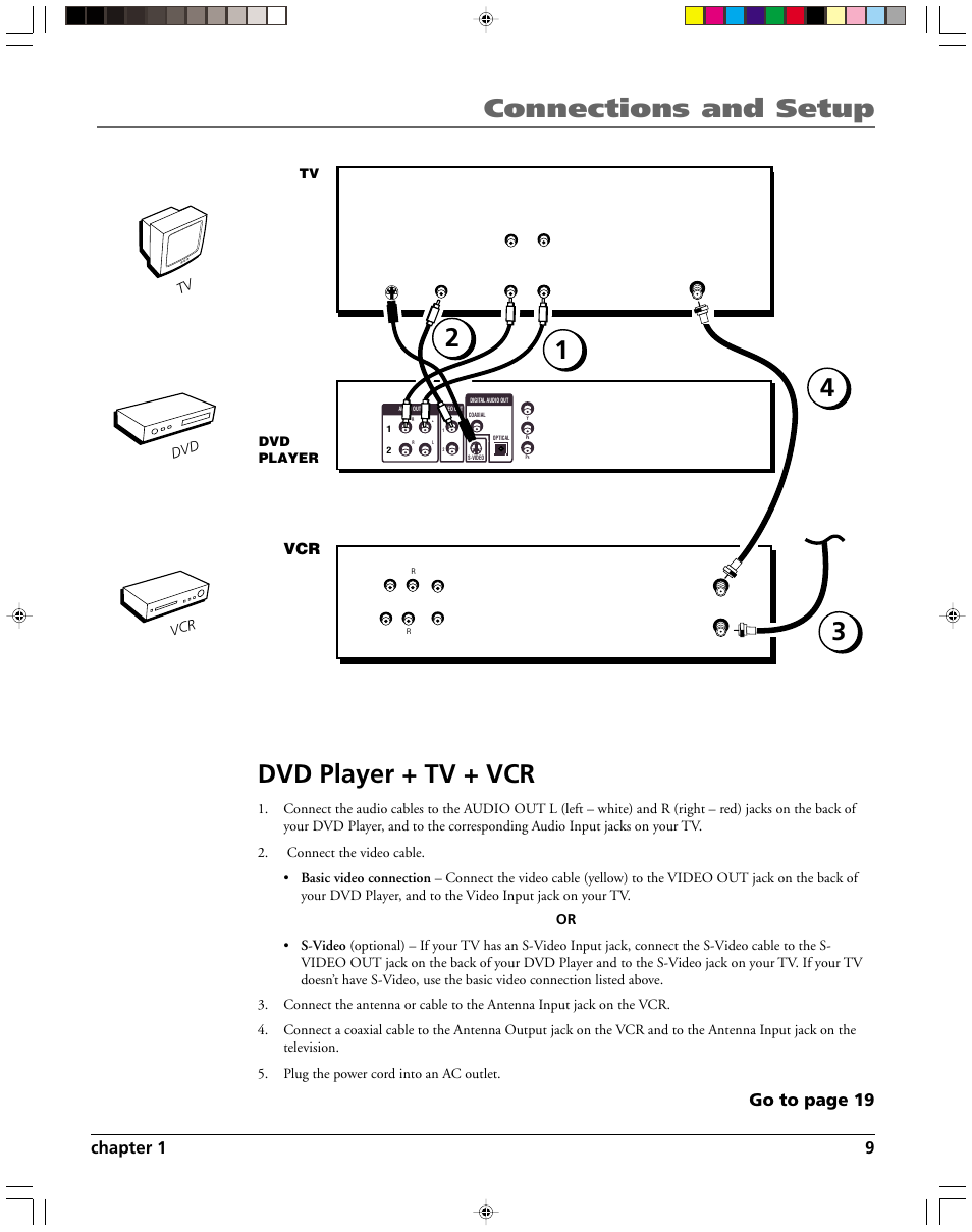 Connections and setup, Dvd player + tv + vcr, Chapter 1 9 | Go to page 19, Tv dvd vcr | HP RC5240P User Manual | Page 11 / 65