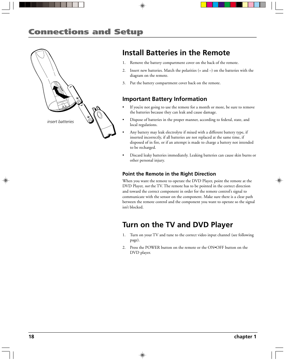 Turn on the tv and dvd player, Important battery information | HP RC5240P User Manual | Page 20 / 65