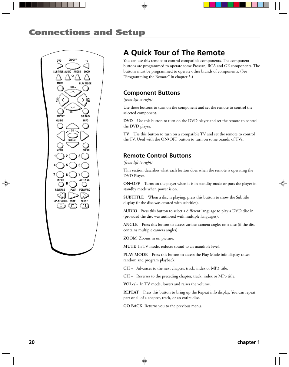 Connections and setup a quick tour of the remote, Component buttons, Remote control buttons | 20 chapter 1 | HP RC5240P User Manual | Page 22 / 65