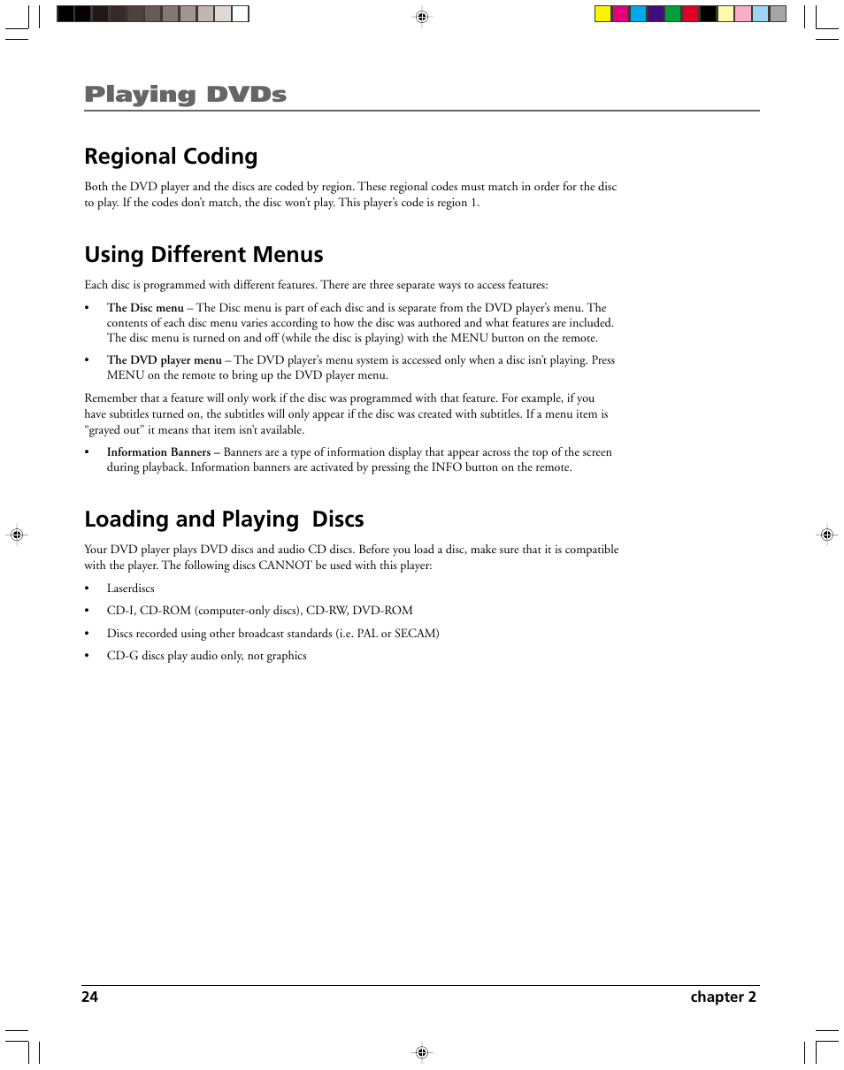 Playing dvds regional coding, Using different menus, Loading and playing discs | HP RC5240P User Manual | Page 26 / 65