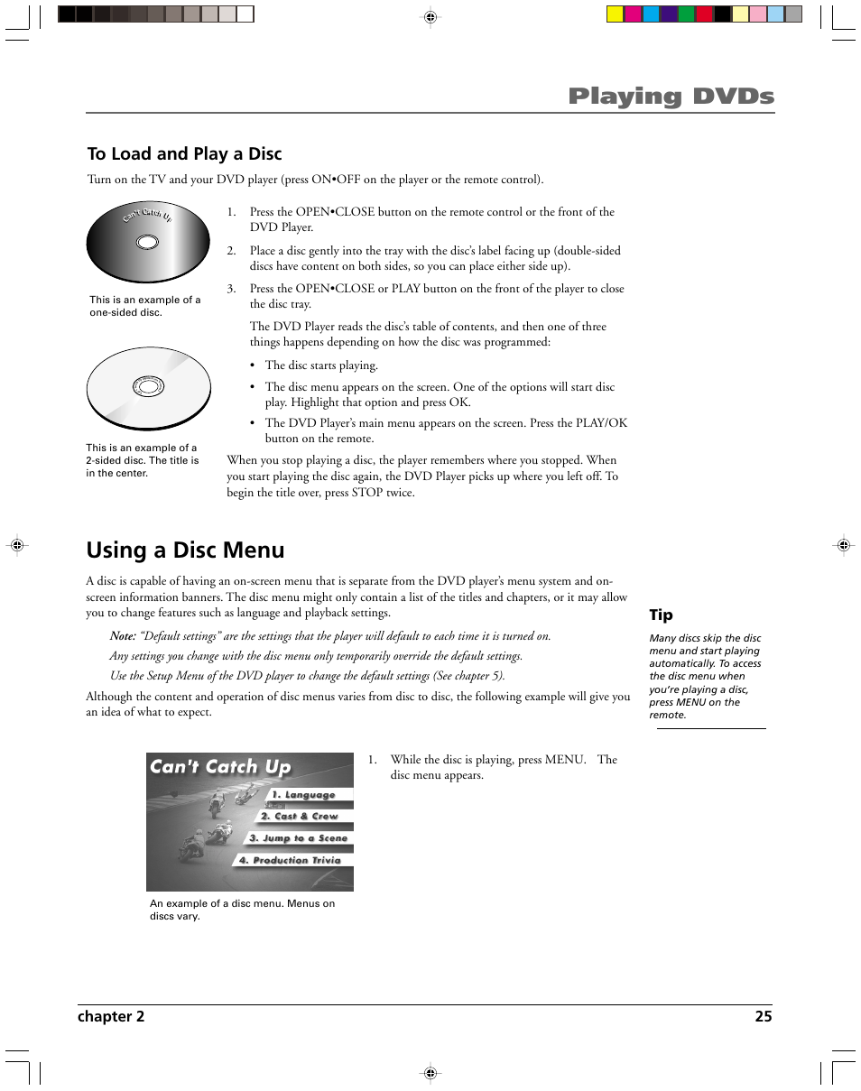 Playing dvds, Using a disc menu, Chapter 2 25 | HP RC5240P User Manual | Page 27 / 65