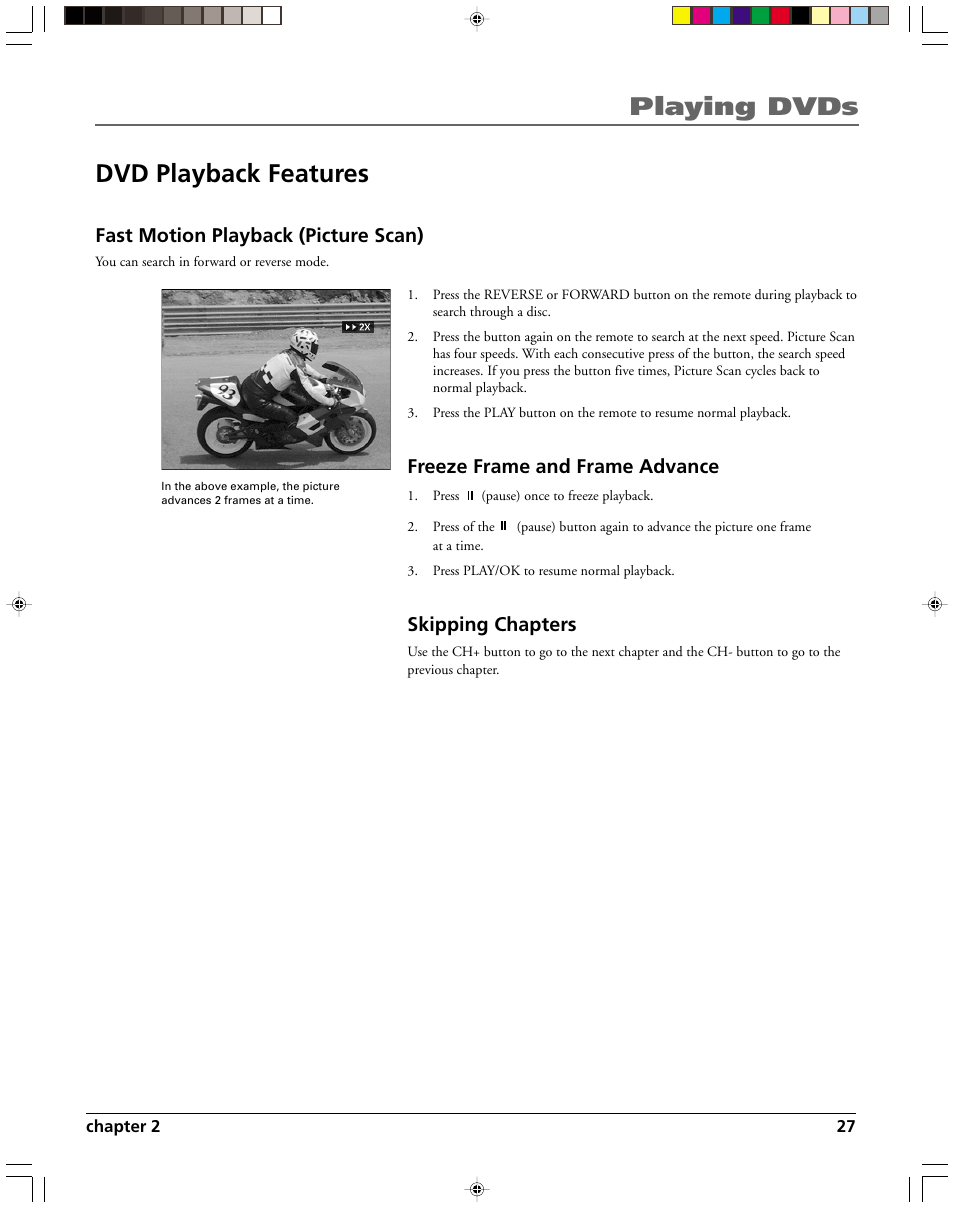 Playing dvds dvd playback features, Fast motion playback (picture scan), Freeze frame and frame advance | Skipping chapters | HP RC5240P User Manual | Page 29 / 65