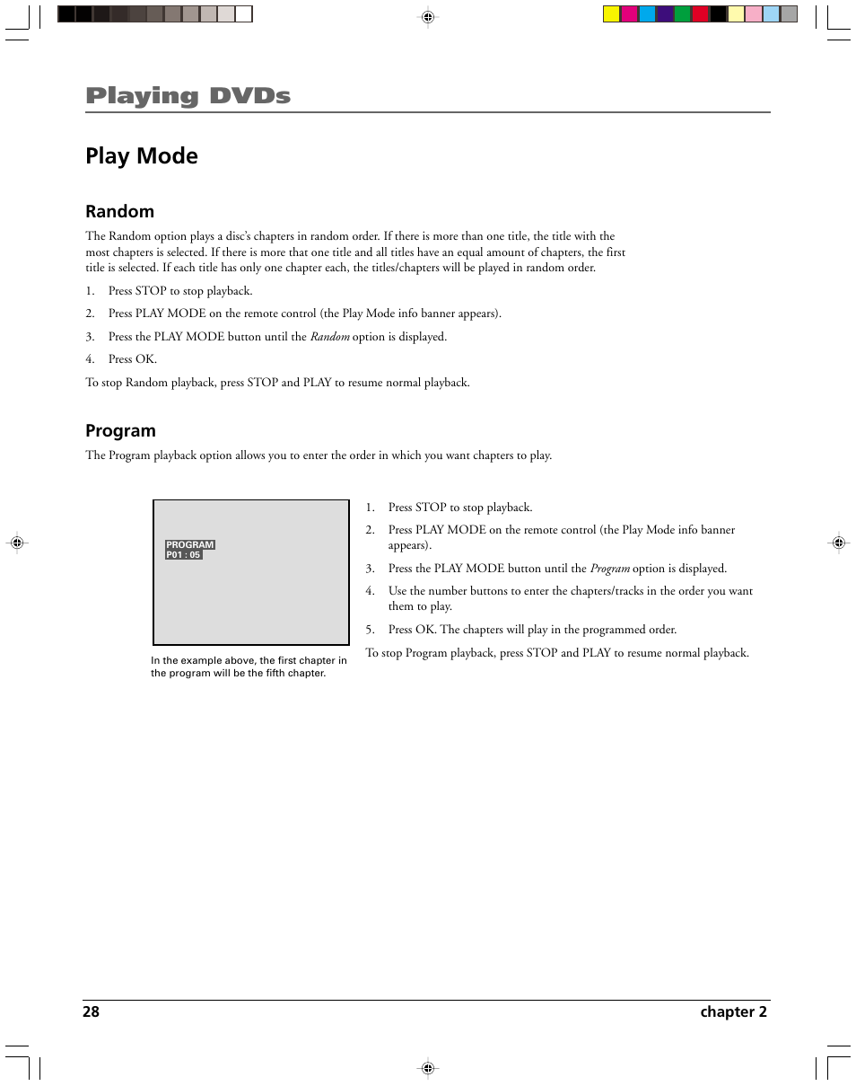 Playing dvds play mode, Random, Program | HP RC5240P User Manual | Page 30 / 65