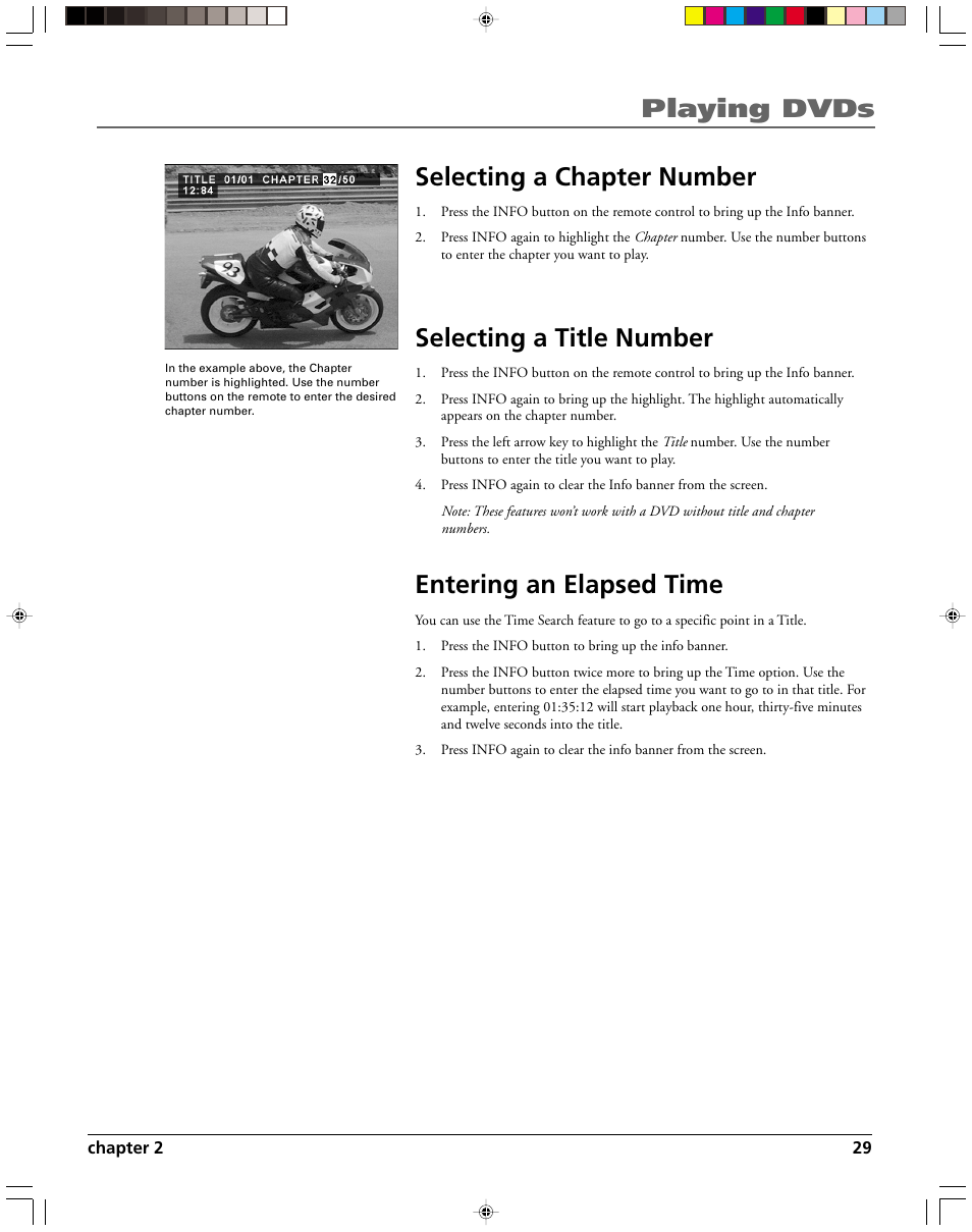 Playing dvds selecting a chapter number, Selecting a title number, Entering an elapsed time | HP RC5240P User Manual | Page 31 / 65