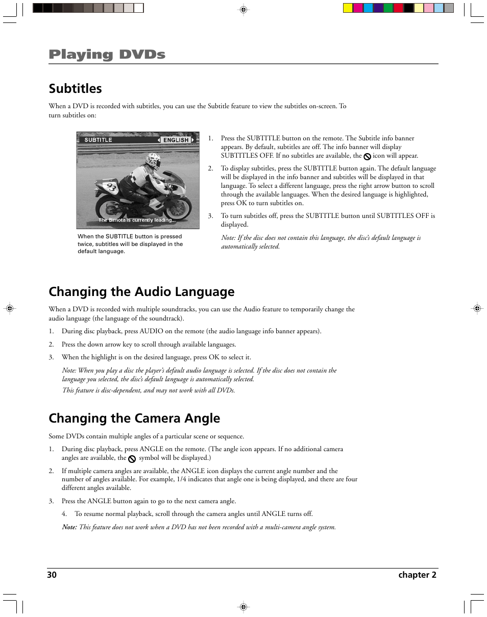 Playing dvds subtitles, Changing the audio language, Changing the camera angle | HP RC5240P User Manual | Page 32 / 65