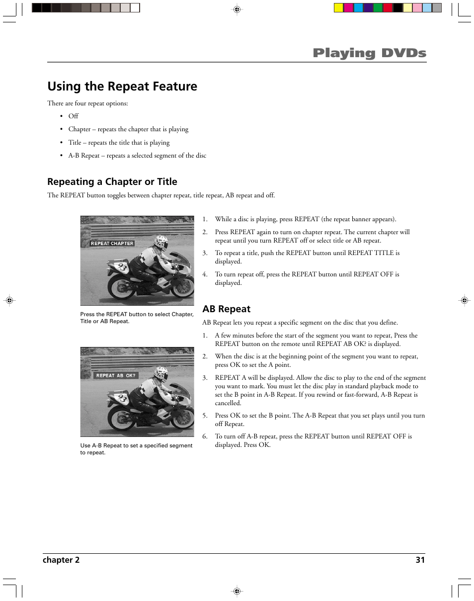 Playing dvds using the repeat feature, Repeating a chapter or title, Ab repeat | HP RC5240P User Manual | Page 33 / 65