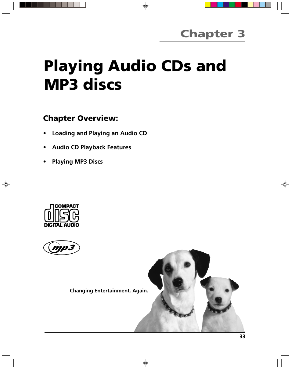 Playing audio cds and mp3 discs, Chapter 3, Chapter overview | HP RC5240P User Manual | Page 35 / 65