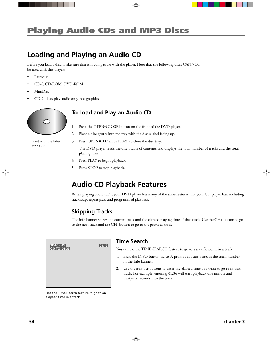 Audio cd playback features, Skipping tracks, Time search | 34 chapter 3 | HP RC5240P User Manual | Page 36 / 65