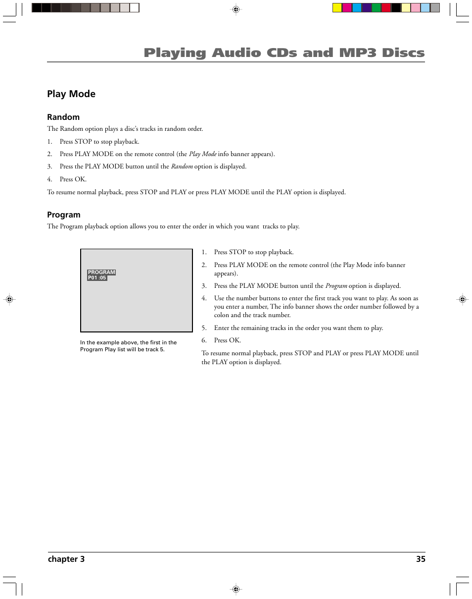 Playing audio cds and mp3 discs, Play mode | HP RC5240P User Manual | Page 37 / 65