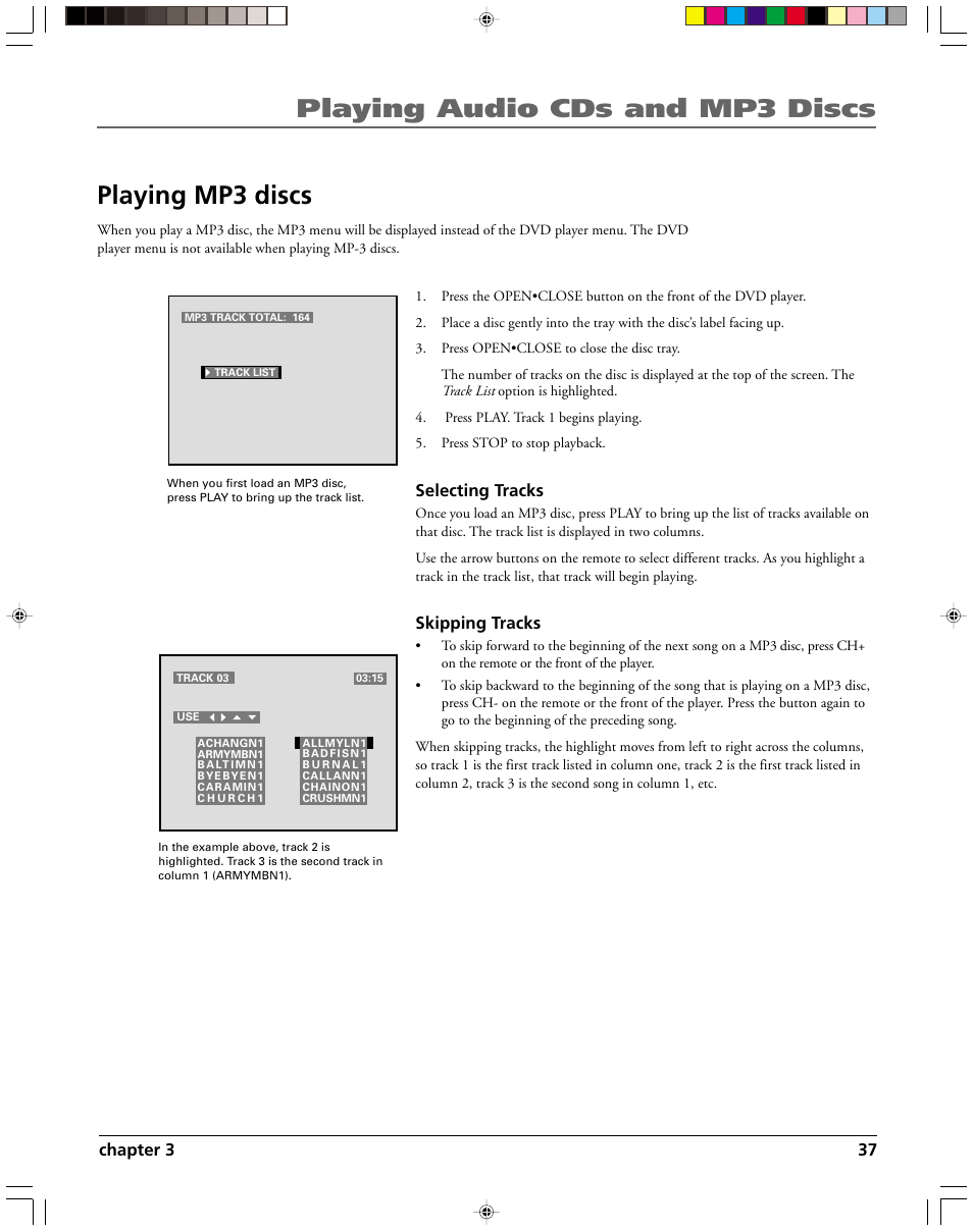 Playing audio cds and mp3 discs playing mp3 discs | HP RC5240P User Manual | Page 39 / 65