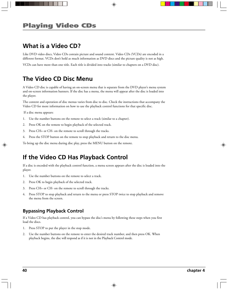 Playing video cds what is a video cd, The video cd disc menu, If the video cd has playback control | Bypassing playback control | HP RC5240P User Manual | Page 42 / 65