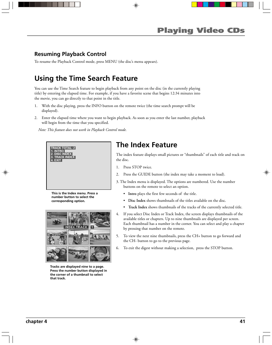Playing video cds, Using the time search feature, The index feature | Resuming playback control | HP RC5240P User Manual | Page 43 / 65