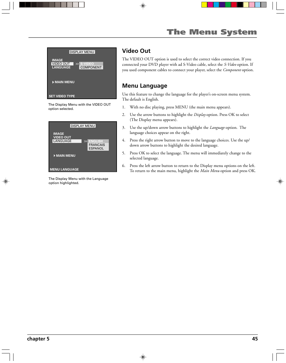 The menu system, Video out, Menu language | Chapter 5 45 | HP RC5240P User Manual | Page 47 / 65