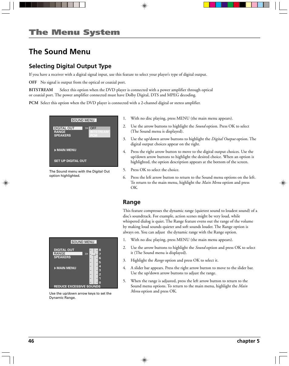 The menu system, The sound menu, Selecting digital output type | Range | HP RC5240P User Manual | Page 48 / 65