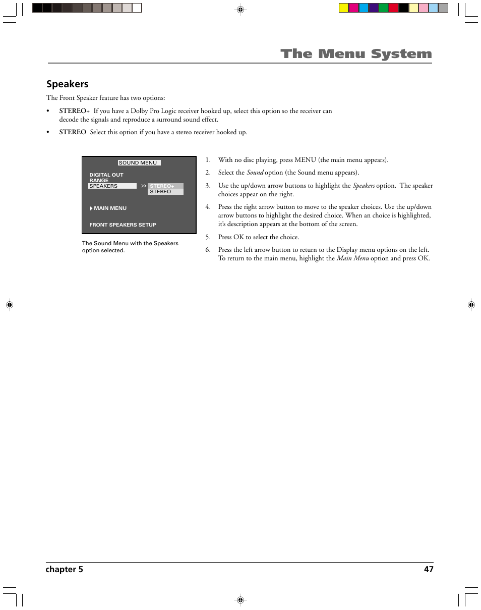 The menu system, Speakers | HP RC5240P User Manual | Page 49 / 65