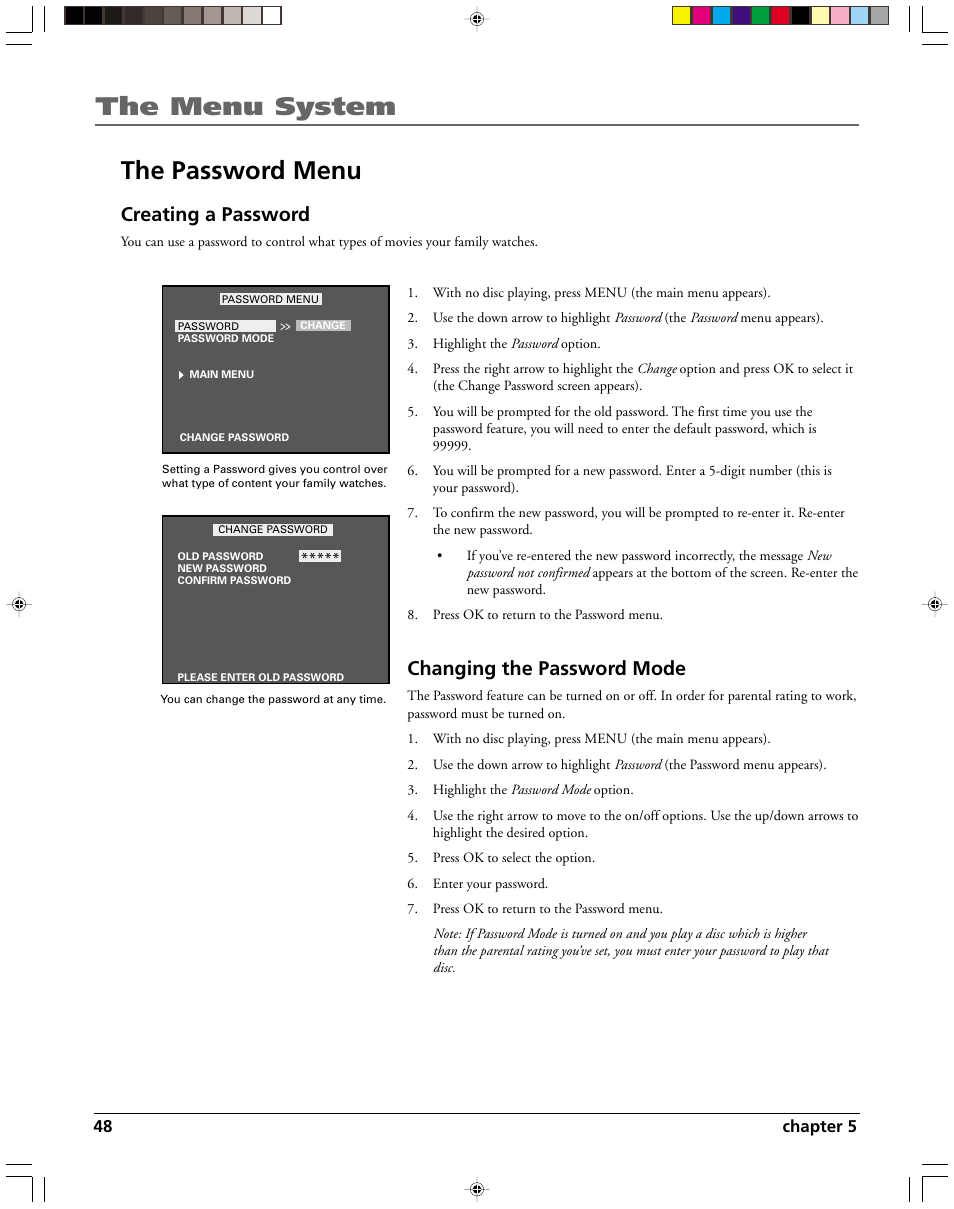 The menu system the password menu, Creating a password, Changing the password mode | HP RC5240P User Manual | Page 50 / 65