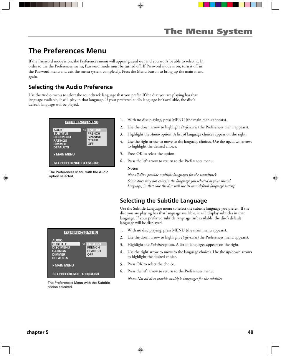 The menu system the preferences menu, Selecting the audio preference, Selecting the subtitle language | HP RC5240P User Manual | Page 51 / 65