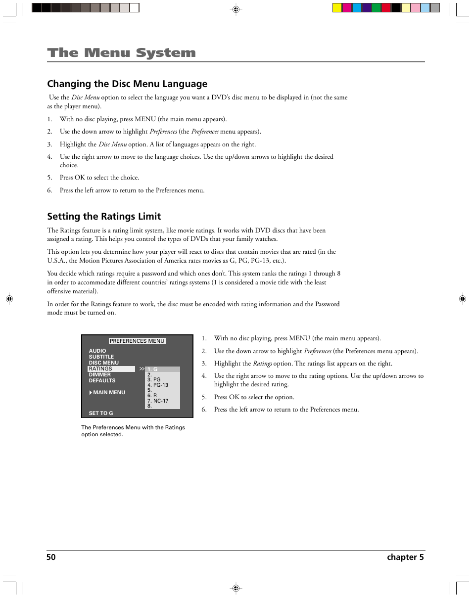 The menu system, Changing the disc menu language, Setting the ratings limit | HP RC5240P User Manual | Page 52 / 65