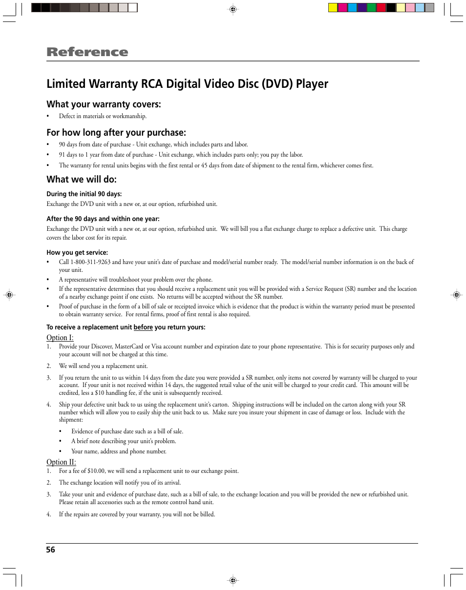 What your warranty covers, For how long after your purchase, What we will do | HP RC5240P User Manual | Page 58 / 65