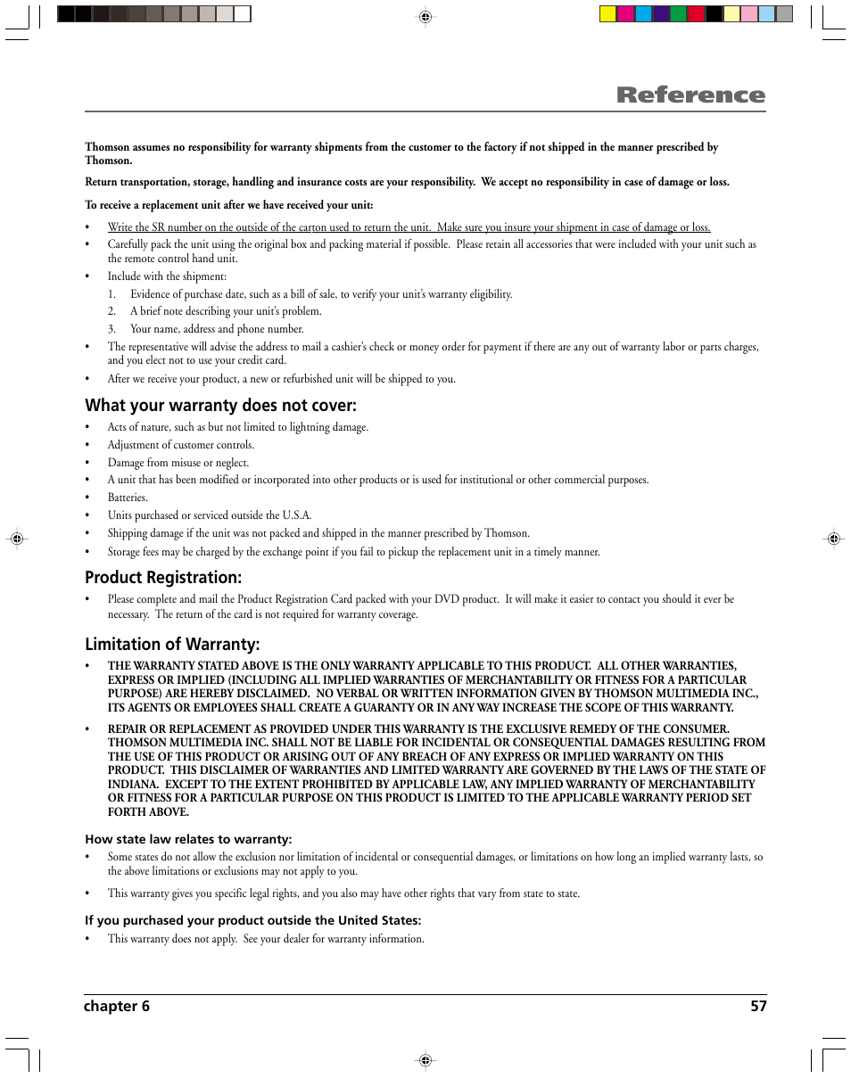 Reference, What your warranty does not cover, Product registration | Limitation of warranty | HP RC5240P User Manual | Page 59 / 65