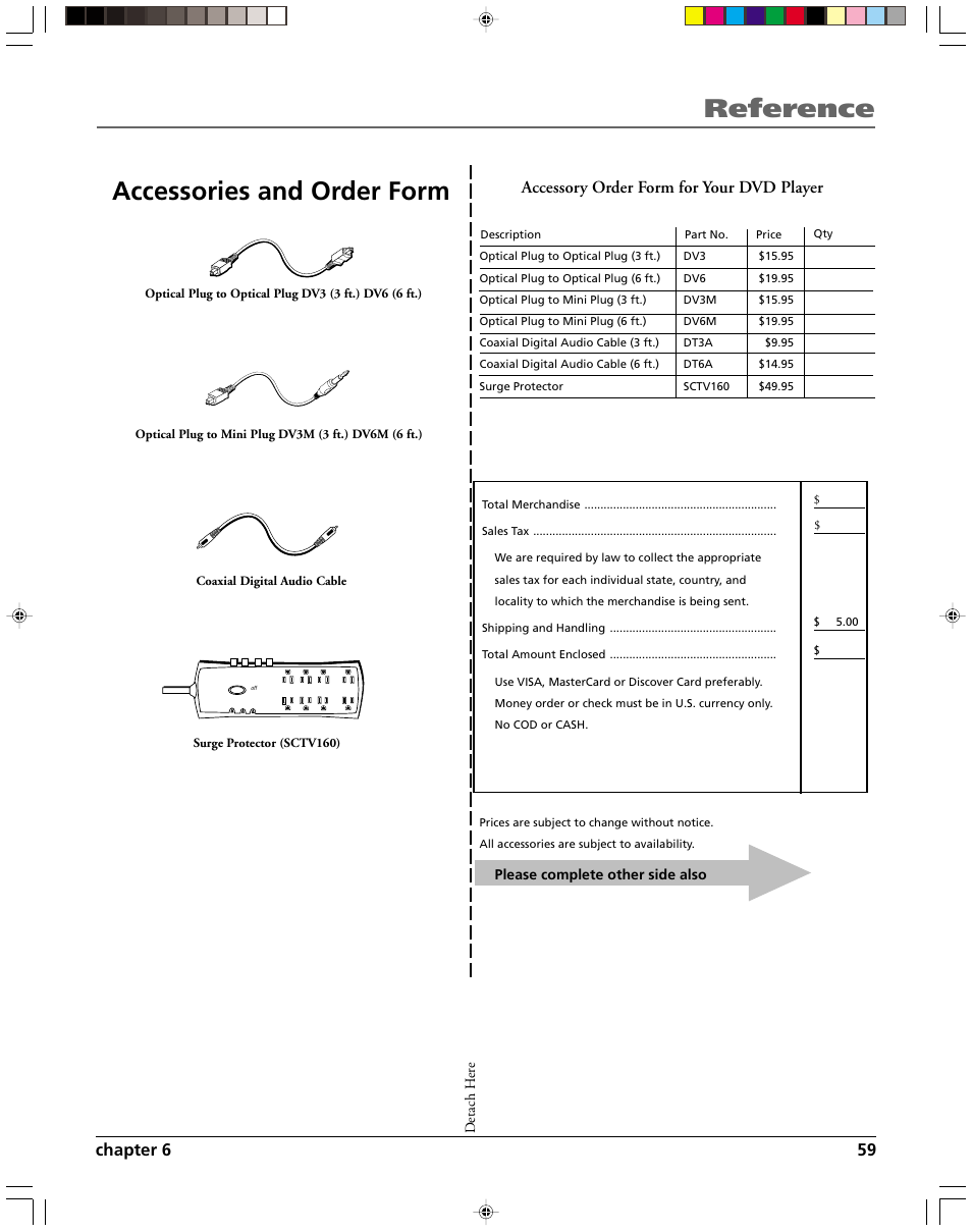 Reference, Accessories and order form, Chapter 6 59 | Accessory order form for your dvd player | HP RC5240P User Manual | Page 61 / 65