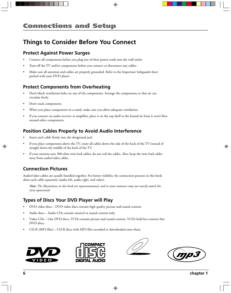 Video cd, Protect against power surges, Protect components from overheating | Connection pictures, Types of discs your dvd player will play | HP RC5240P User Manual | Page 8 / 65