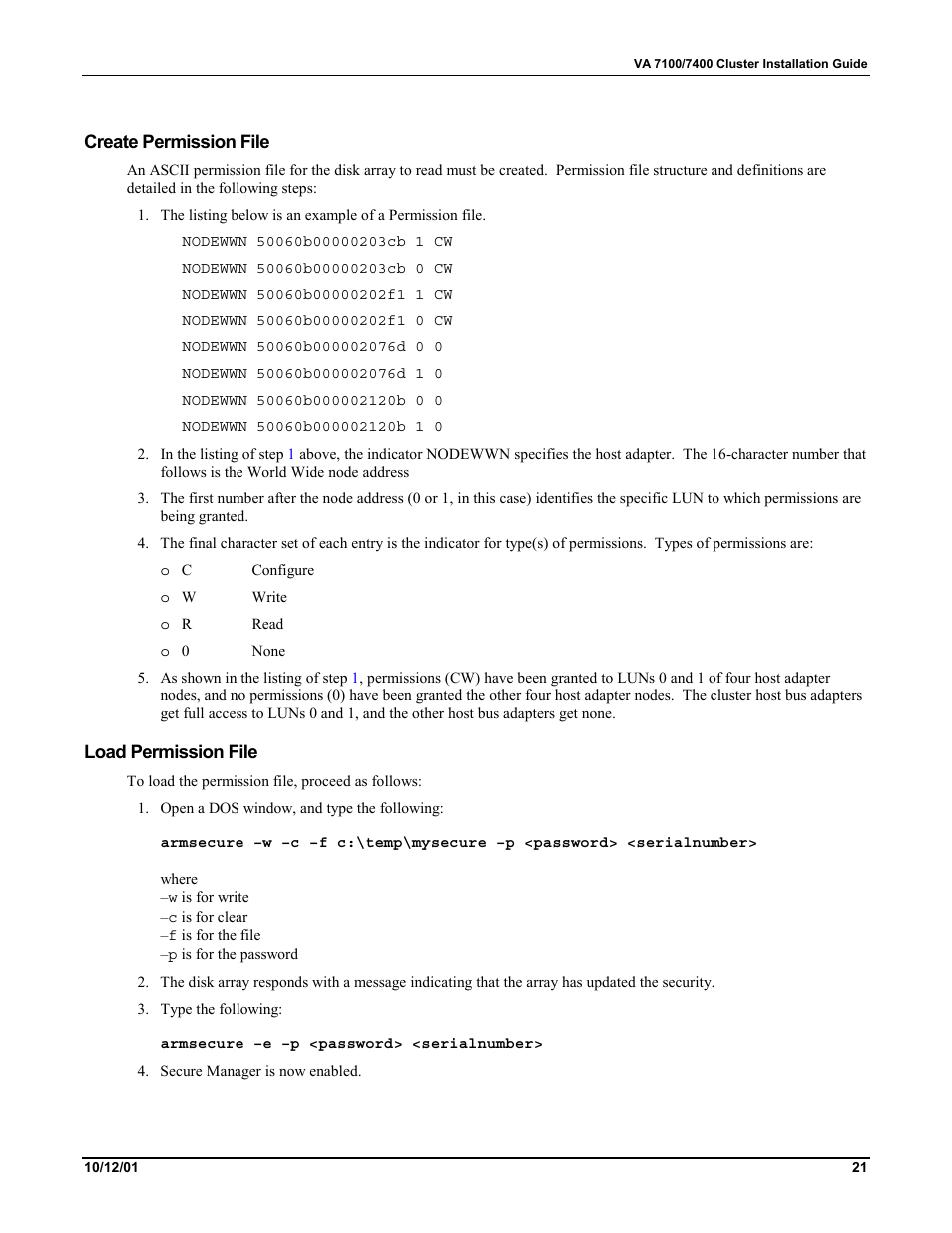 Create permission file, Load permission file | HP VA 7400 User Manual | Page 24 / 52