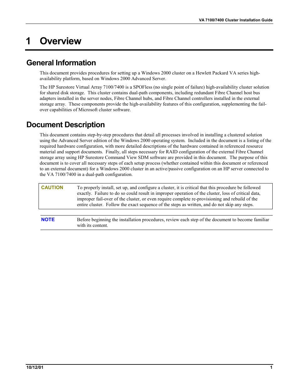 1 overview, General information, Document description | Overview | HP VA 7400 User Manual | Page 4 / 52