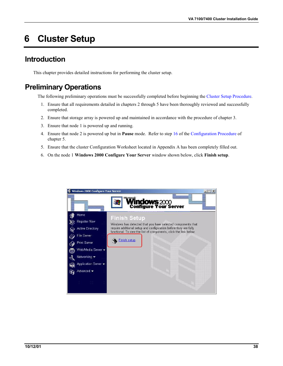 6 cluster setup, Introduction, Preliminary operations | Cluster setup | HP VA 7400 User Manual | Page 41 / 52