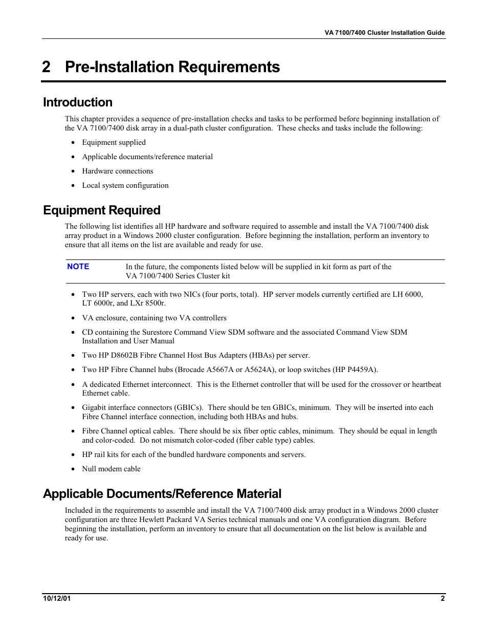 2 pre-installation requirements, Introduction, Equipment required | Applicable documents/reference material, Pre-installation requirements | HP VA 7400 User Manual | Page 5 / 52