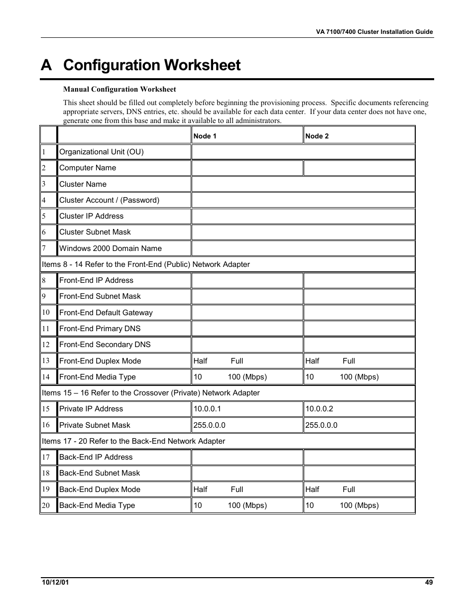 A configuration worksheet, Configuration worksheet | HP VA 7400 User Manual | Page 52 / 52