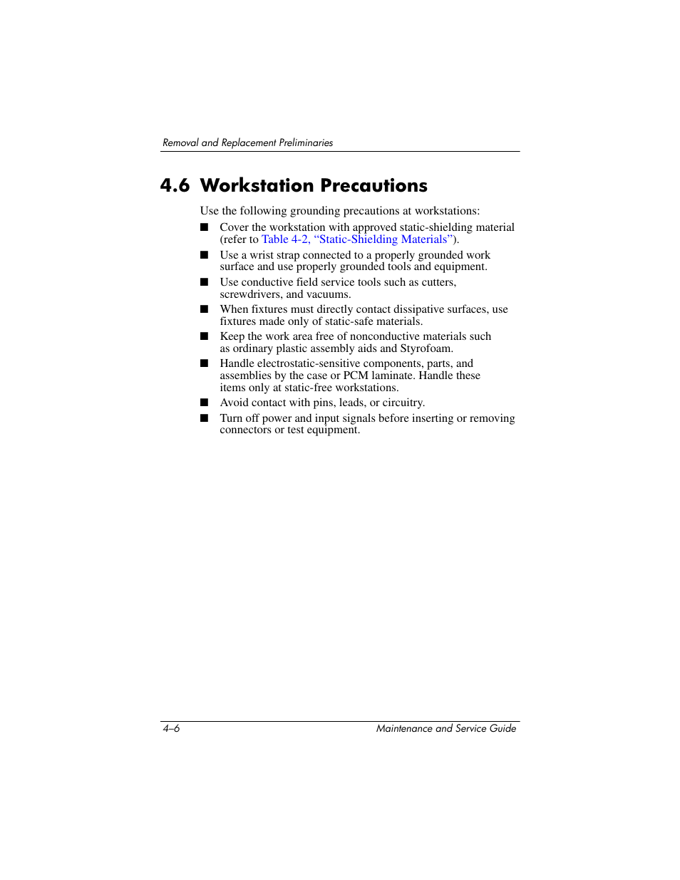 6 workstation precautions, 6 workstation precautions –6 | HP V4200 User Manual | Page 104 / 273