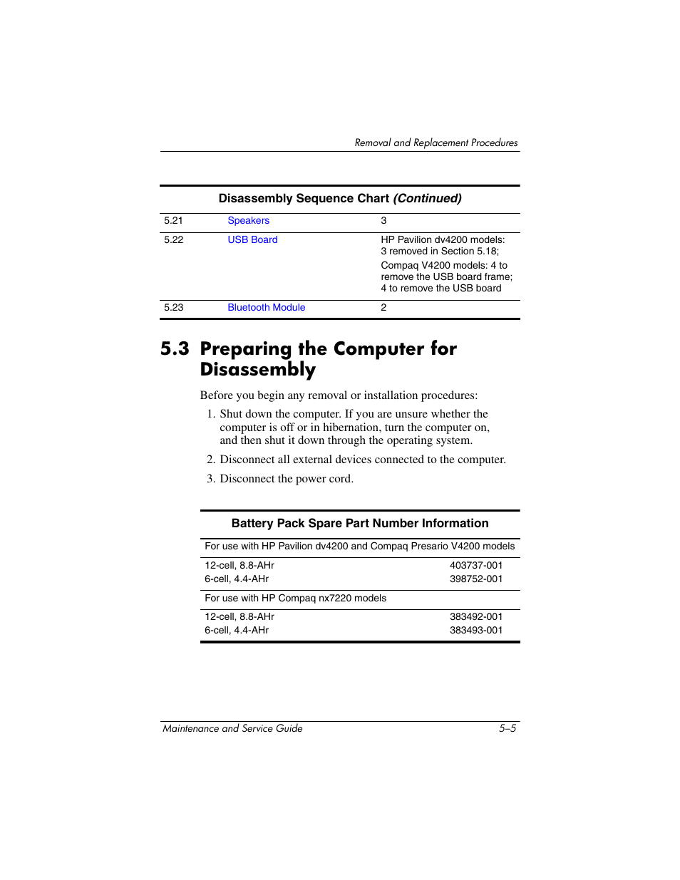 3 preparing the computer for disassembly, 3 preparing the computer for disassembly –5, Preparing the computer for disassembly | HP V4200 User Manual | Page 111 / 273