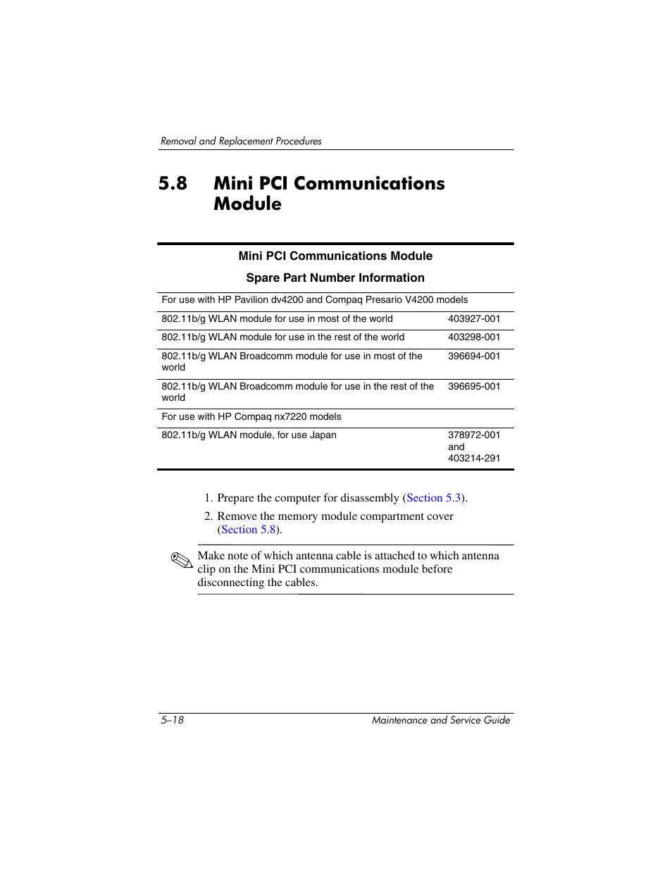 8 mini pci communications module, 8 mini pci communications module –18, Mini pci communications module | HP V4200 User Manual | Page 124 / 273