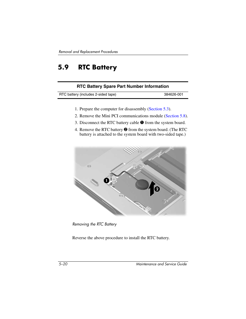 9 rtc battery, 9 rtc battery –20, Rtc battery | HP V4200 User Manual | Page 126 / 273