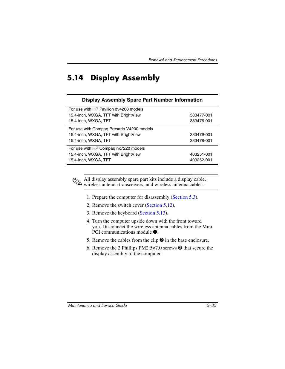 14 display assembly, 14 display assembly –35, Display assembly | HP V4200 User Manual | Page 141 / 273
