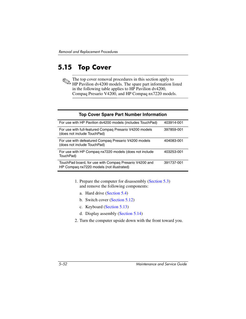 15 top cover, 15 top cover –52, Top cover | Hp p | HP V4200 User Manual | Page 158 / 273