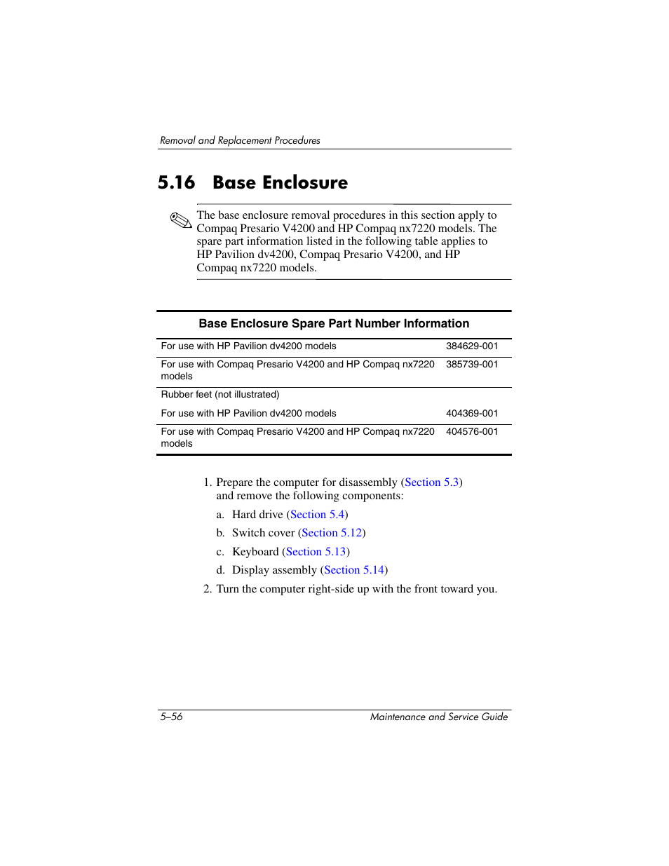 16 base enclosure, 16 base enclosure –56, Base enclosure | HP V4200 User Manual | Page 162 / 273