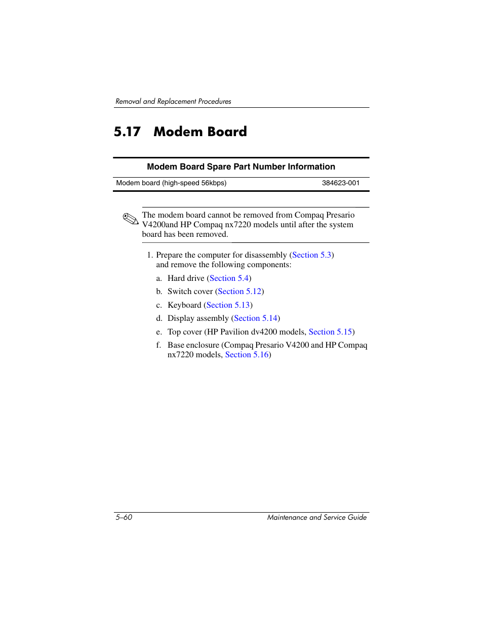 17 modem board, 17 modem board –60, Modem board | HP V4200 User Manual | Page 166 / 273