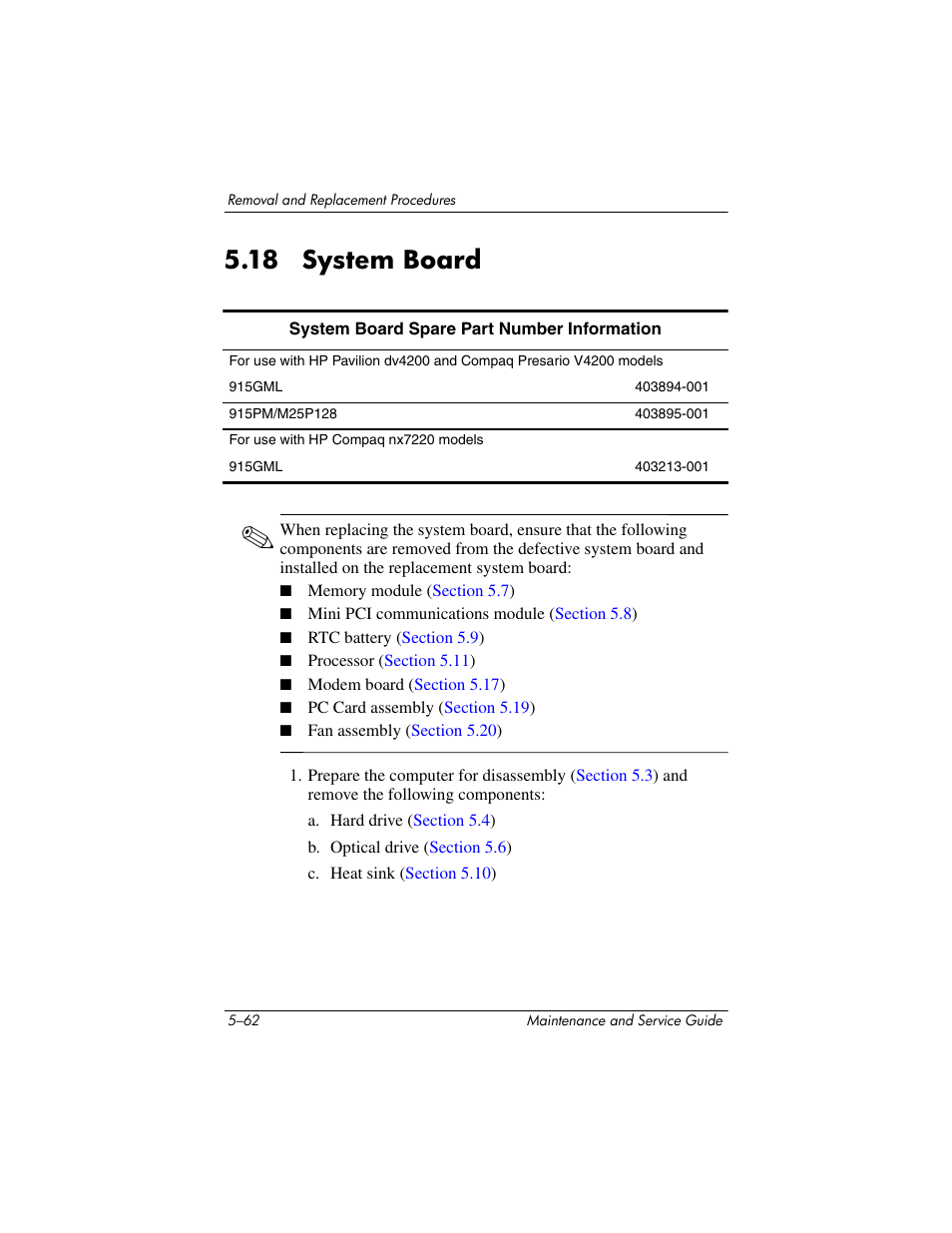 18 system board, 18 system board –62, System board | HP V4200 User Manual | Page 168 / 273