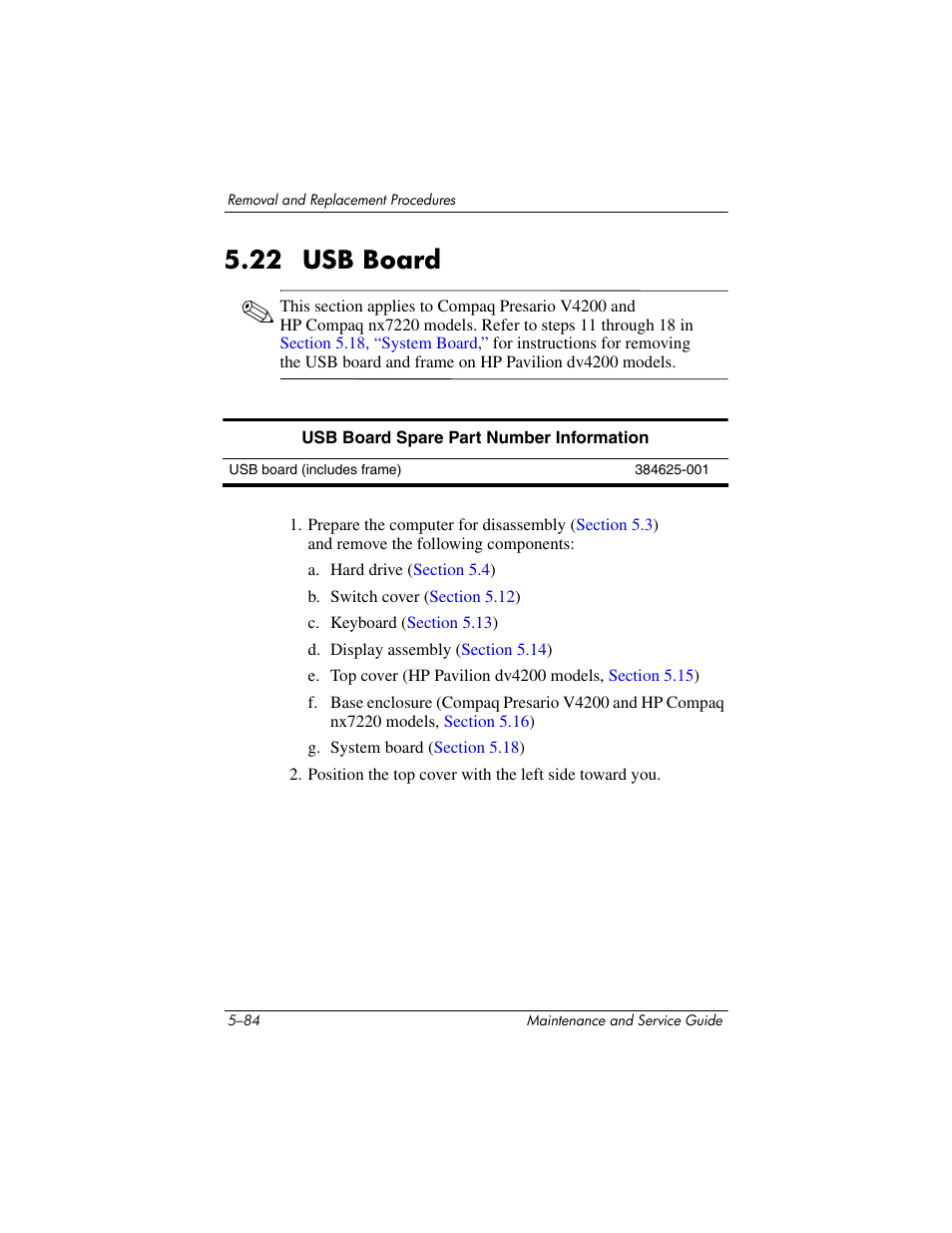 22 usb board, 22 usb board –84 | HP V4200 User Manual | Page 190 / 273